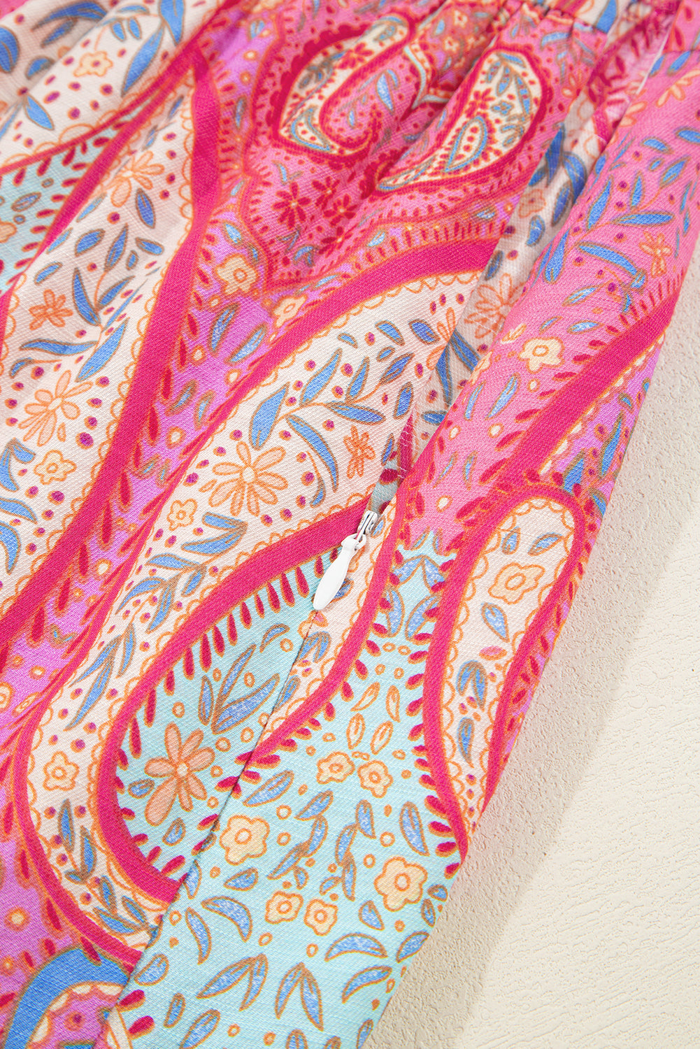 Rose Tribal Paisley Print Ruffled Sleeve Notch Neck Midi Dress eAura