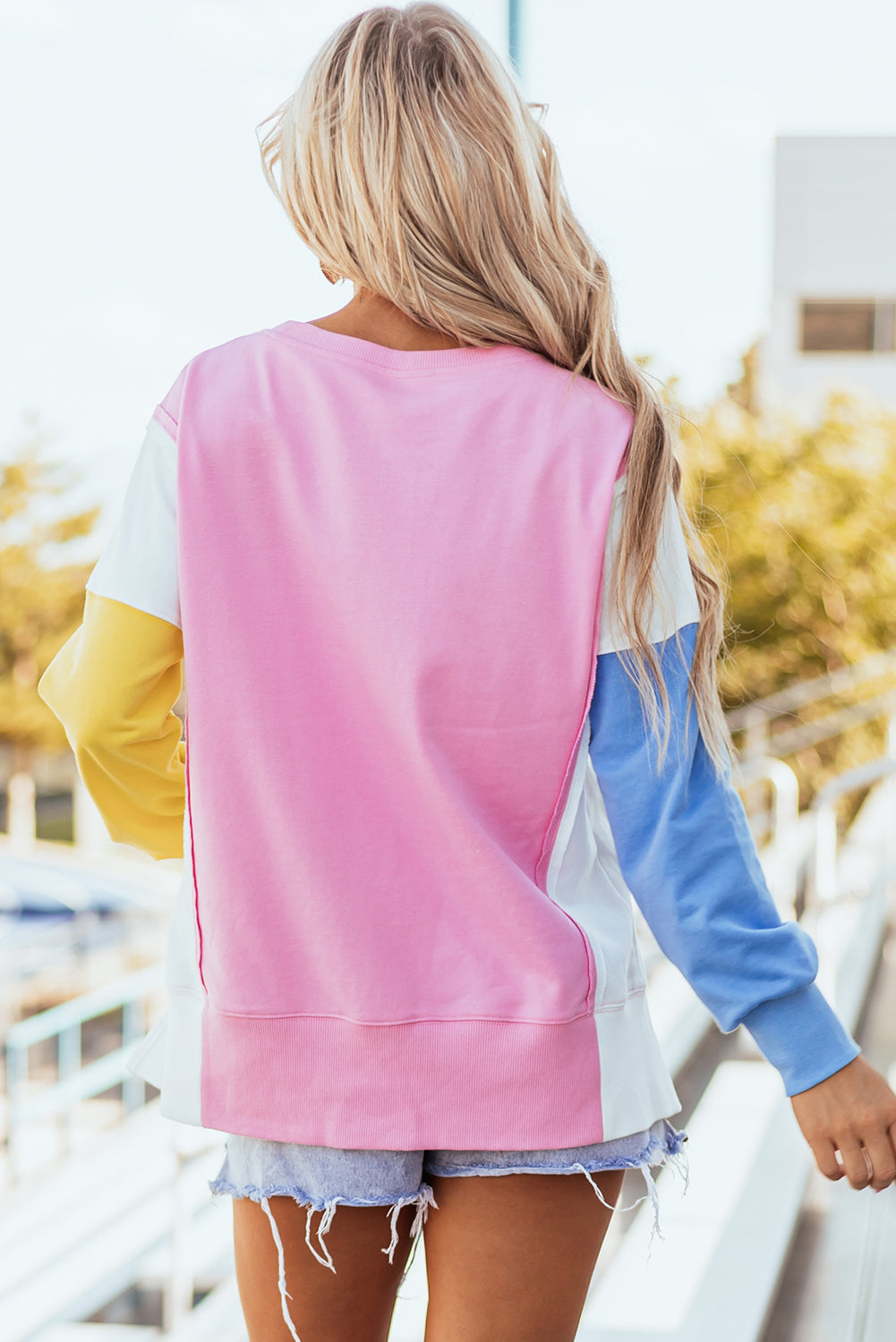 Bonbon Colour Block Exposed Seam Side Slits Crewneck Sweatshirt eAura