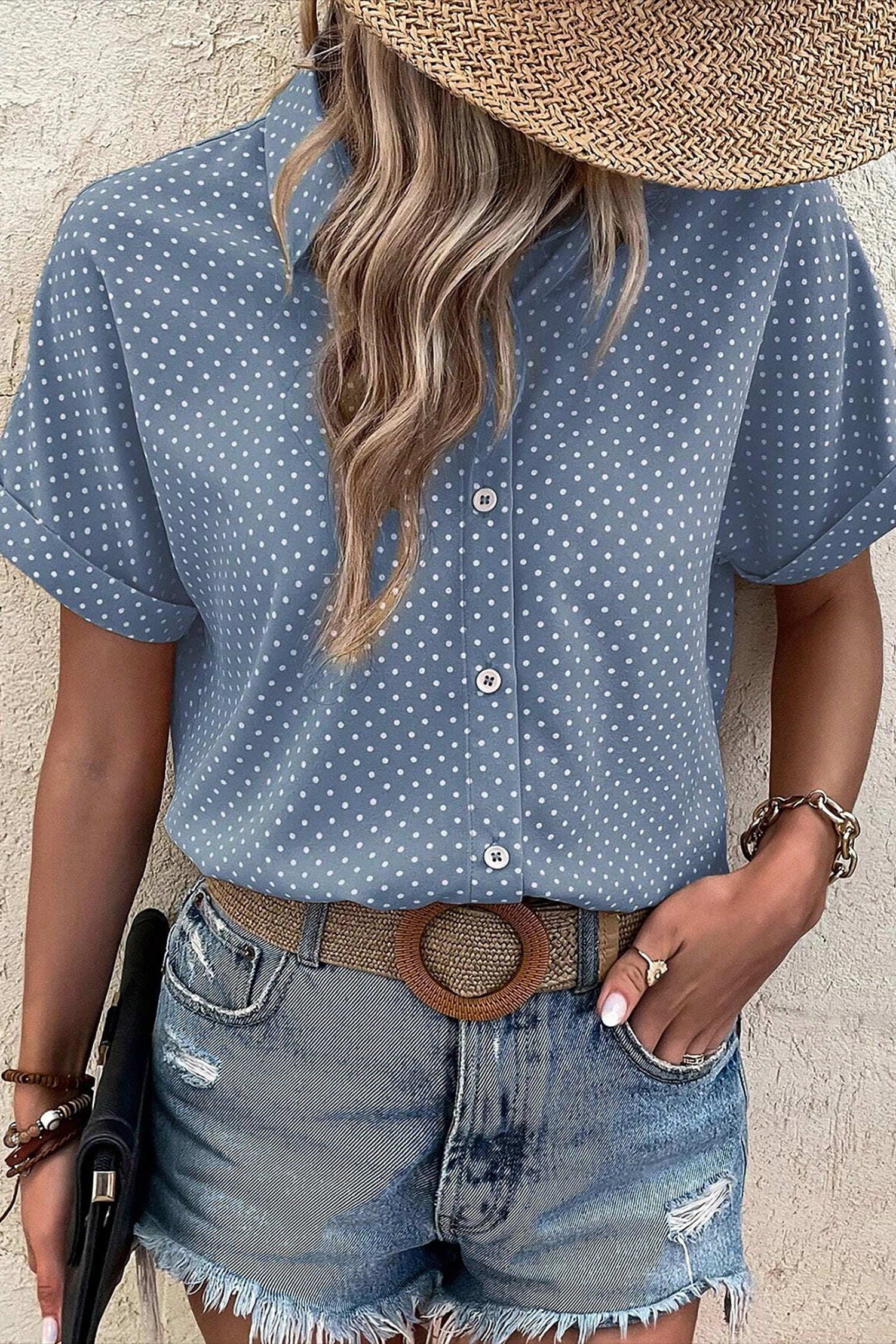 Dotted Print Cuffed Short Sleeve Shirt