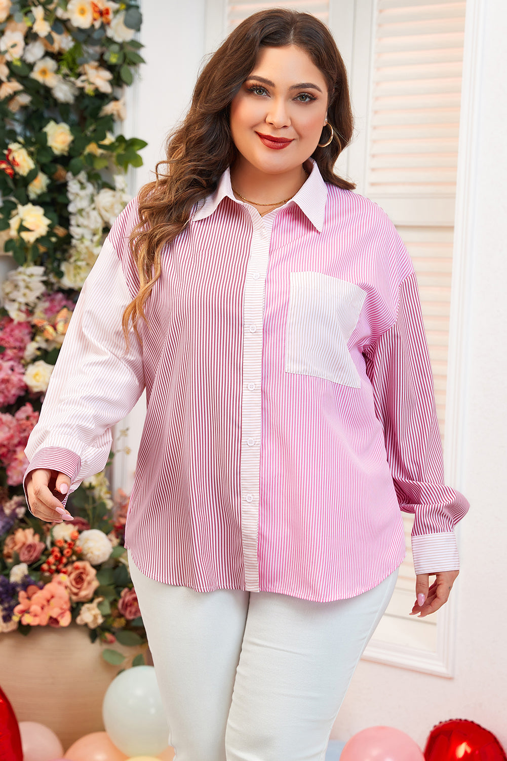 Pink Stripe Print Colourblock Plus Size Shirt BB Fashion Outlet