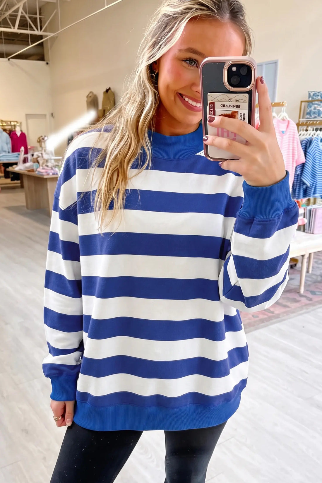 Colourblock Mock Neck Relaxed Sweatshirt – Blue Stripe