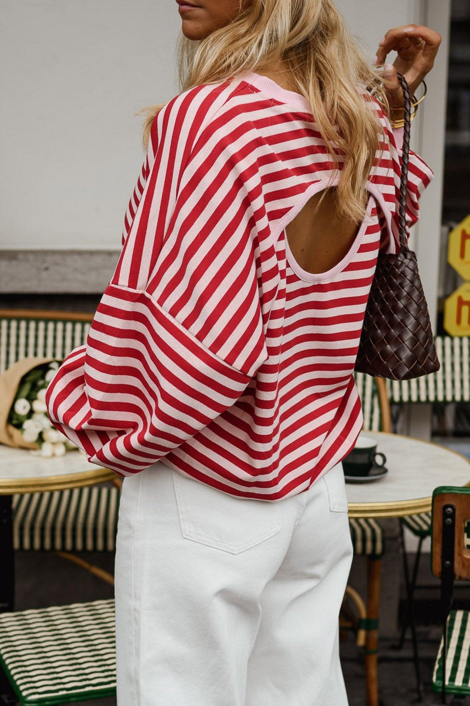 Cutout Open Back Long Sleeve Loose Top – Red Stripe