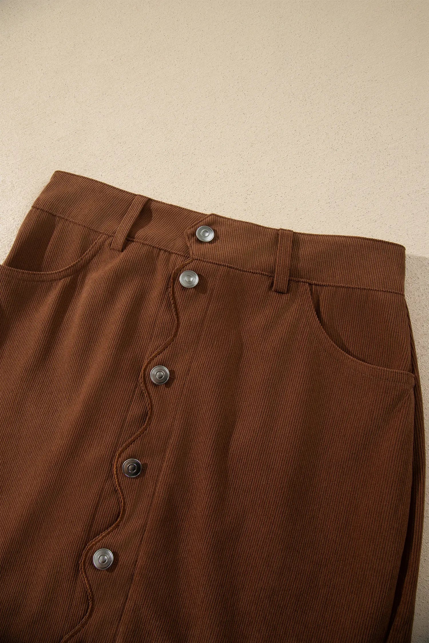 Coffee Button Front Corduroy Mini Pockets Sheath Silhouette Skirt