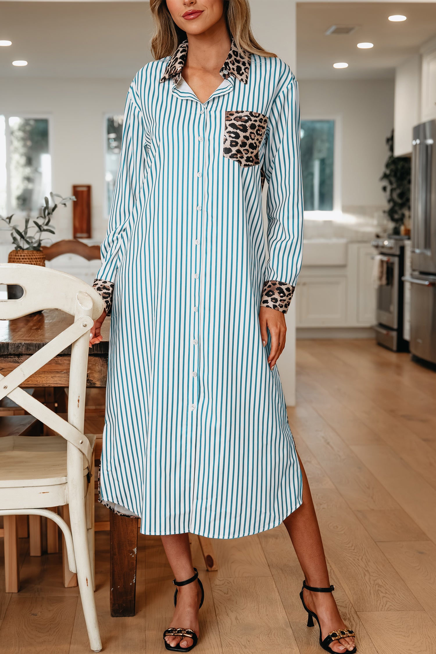 Stripe Contrast Leopard Patchwork Long Shirt Dress with Slits