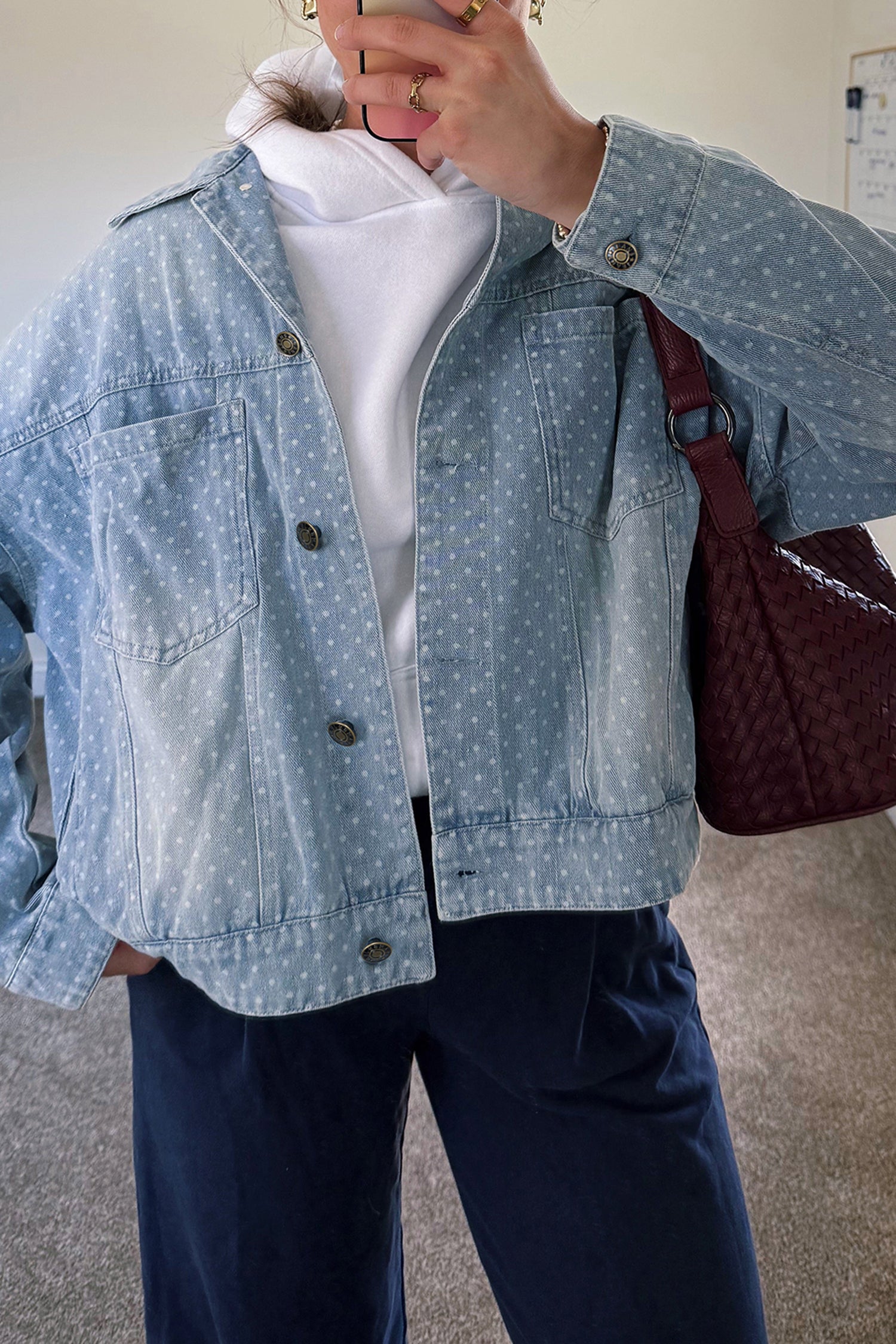 Sky Blue Polka Dot Long Sleeve Collar Pocket Casual Shift Silhouette Denim Jacket – Light Blue