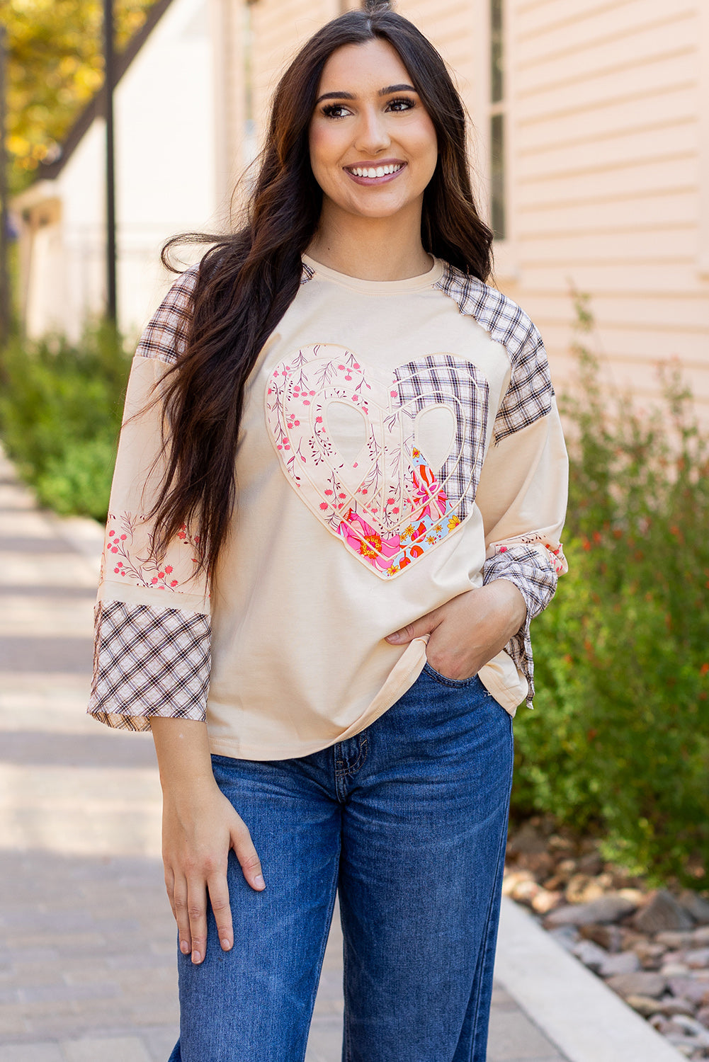 Clearly Aqua Plaid Floral Peace Heart Graphic Wide Long Sleeve Top Beagle Boutique Fashion Outlet