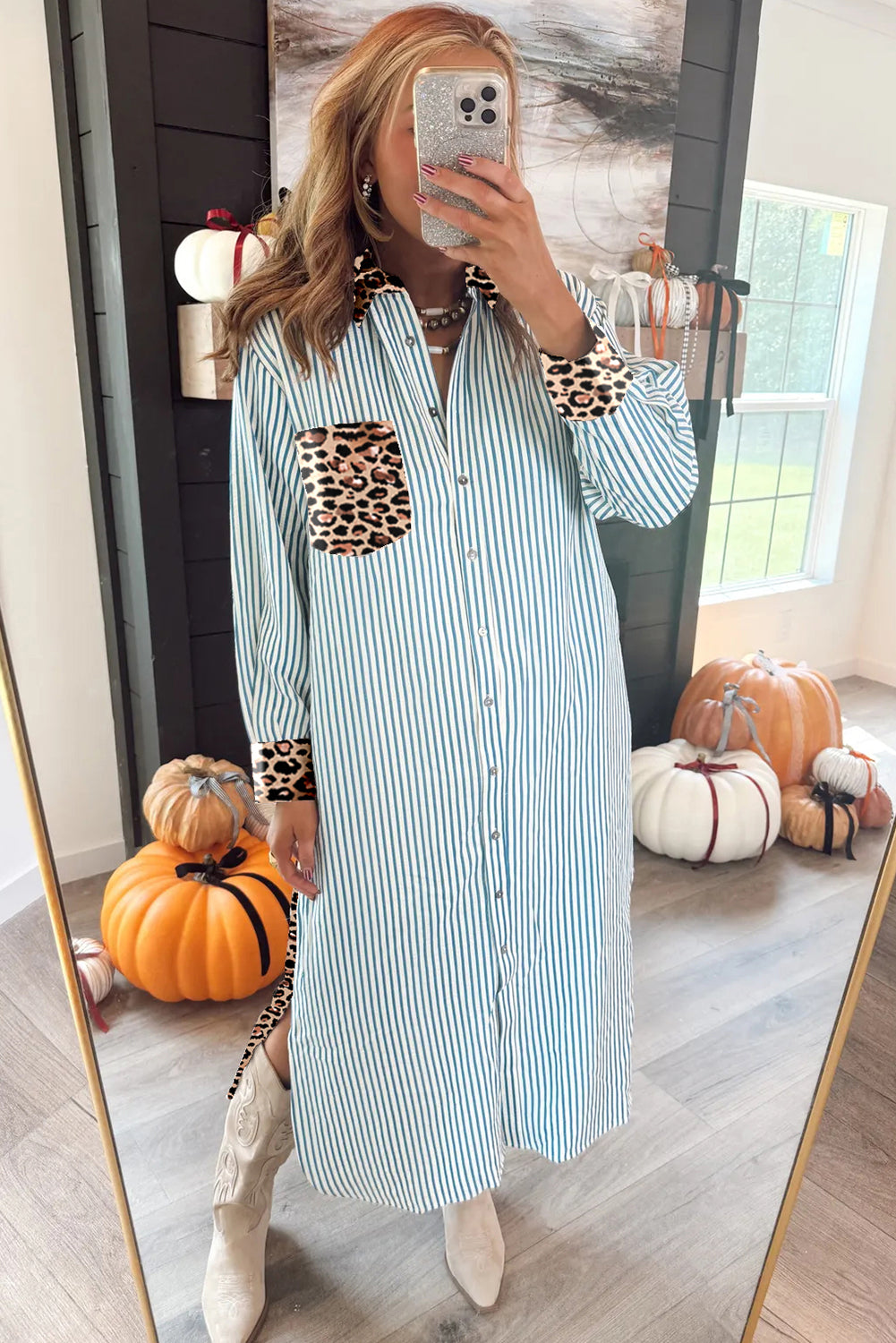 Stripe Contrast Leopard Patchwork Long Shirt Dress with Slits - Dresses/Maxi Dresses