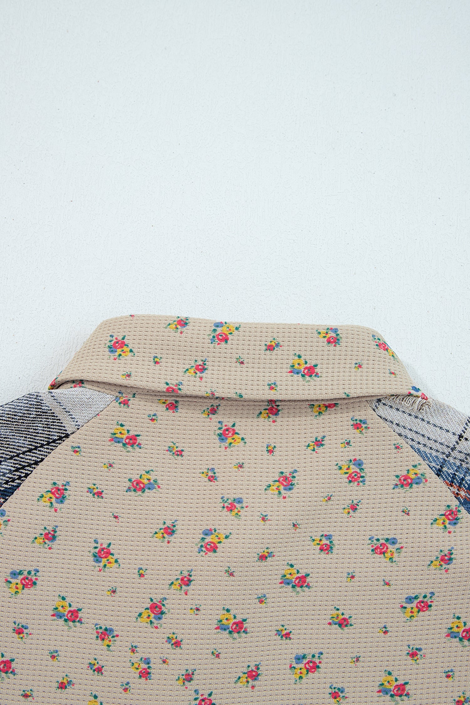 Boho Floral Plaid Patchwork Distressed Detail Ruffled Sleeve Waffle Shacket - Outerwear/Jackets