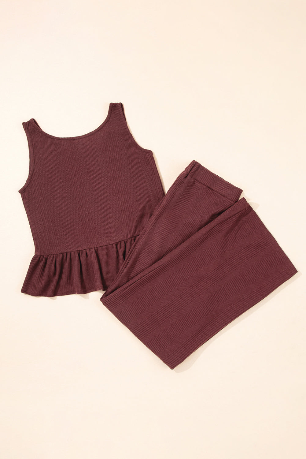 Red Dahlia Solid Colour Ribbed Ruffle Tank Top and Trousers Set eAura