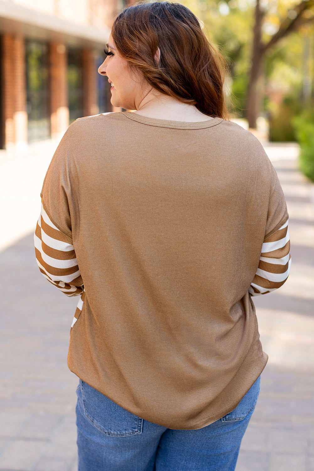 Khaki Striped Checkered Mixed Print Chest Pocket Casual Plus Size Top BB Fashion Outlet