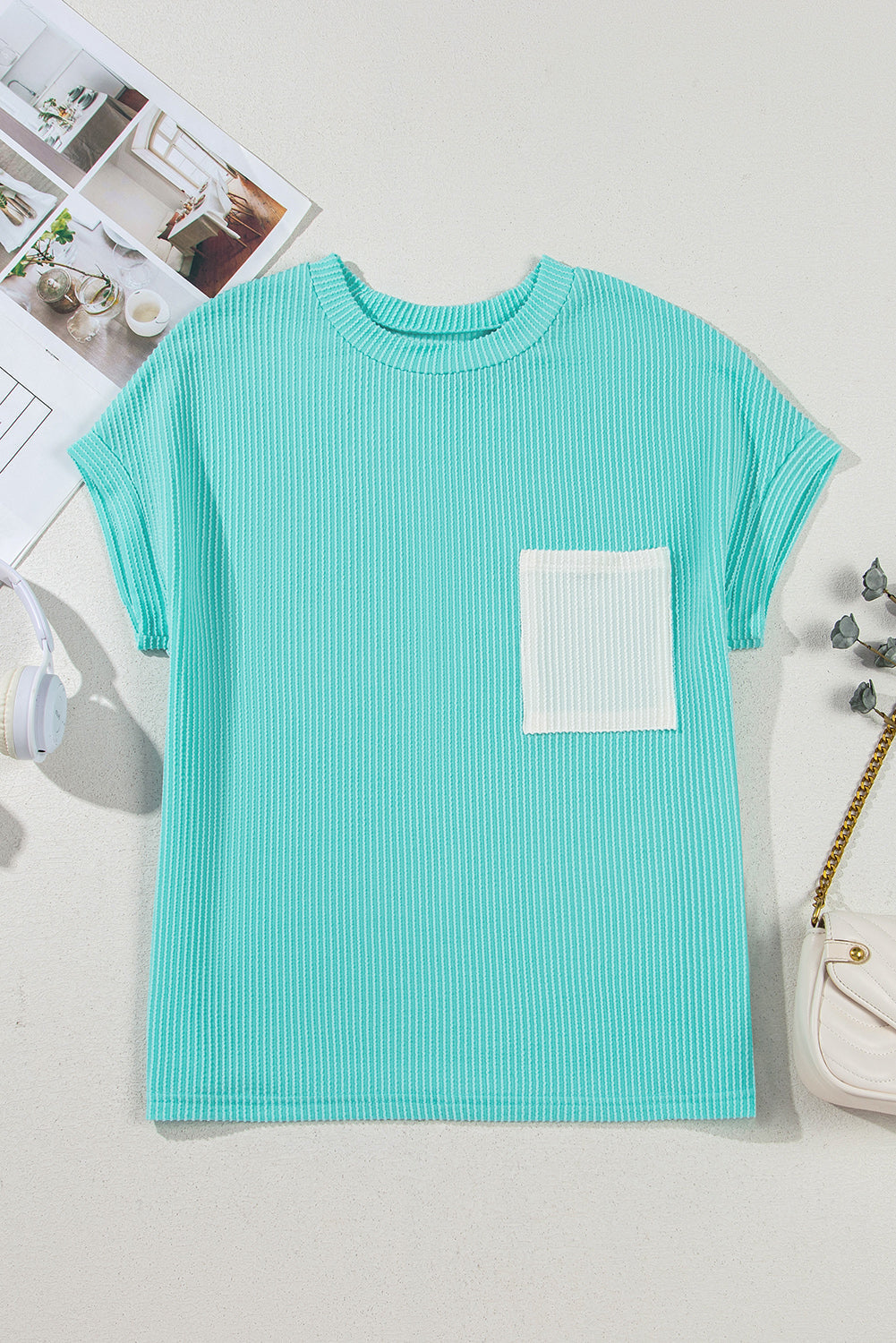 Ribbed Knit Colour Block Pocketed Crew Neck T Shirt eAura