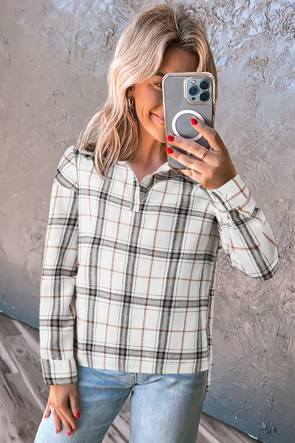 Red Plaid Print Collared V-Neck Oversized Blouse with Side Slits - Tops/Blouses & Shirts