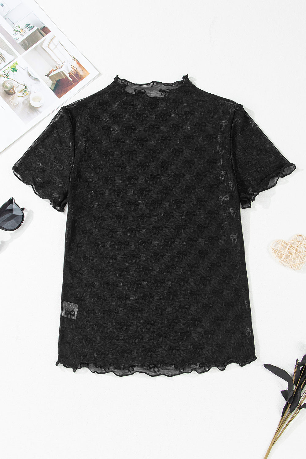 Black Bowknot Sheer Mesh Mock Neck Lettuce Trim Short Sleeve Top eAura