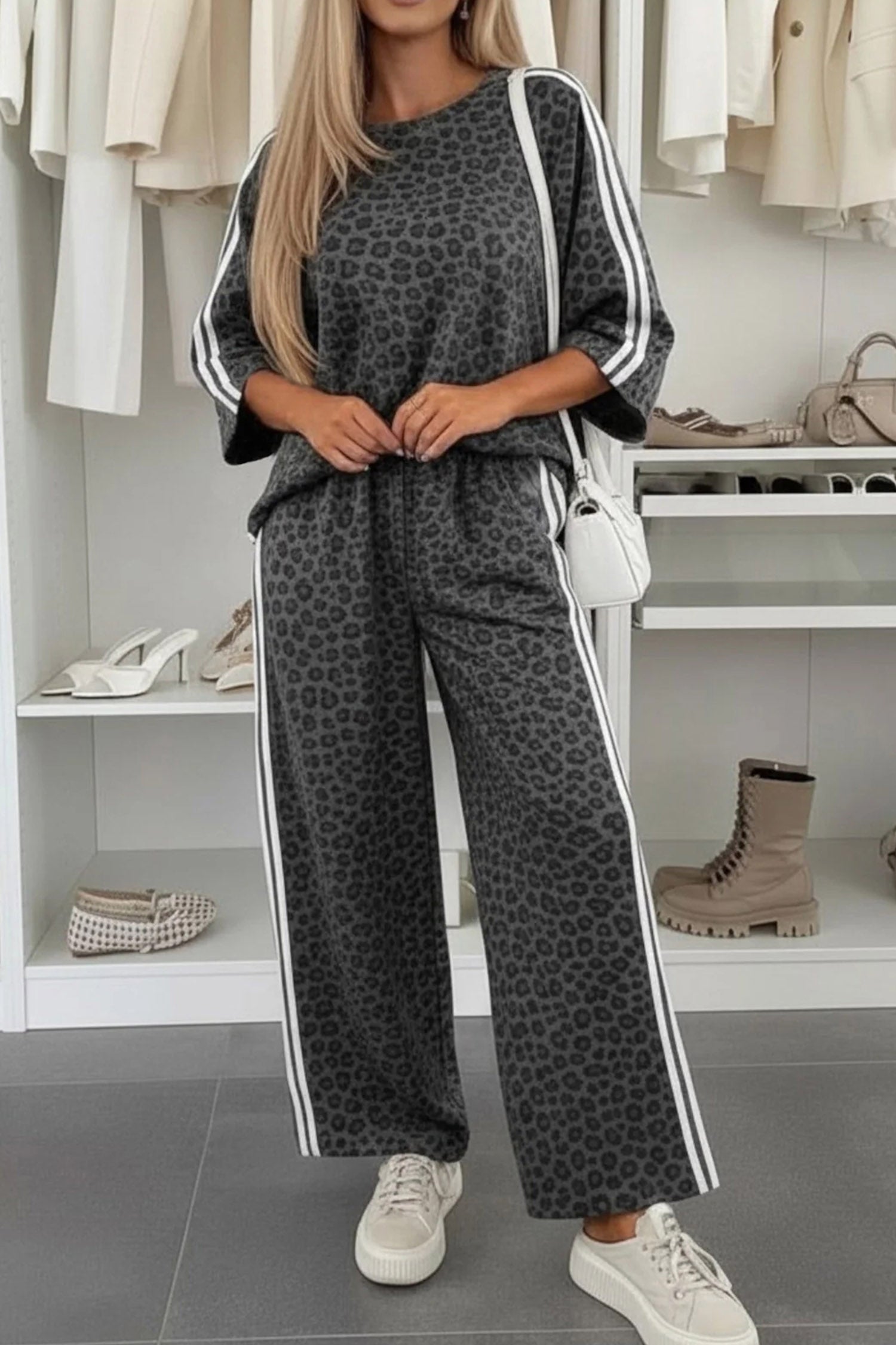 Leopard Print Varsity Striped Detail 3/4 Sleeve Top Shift Pant Set – Pink