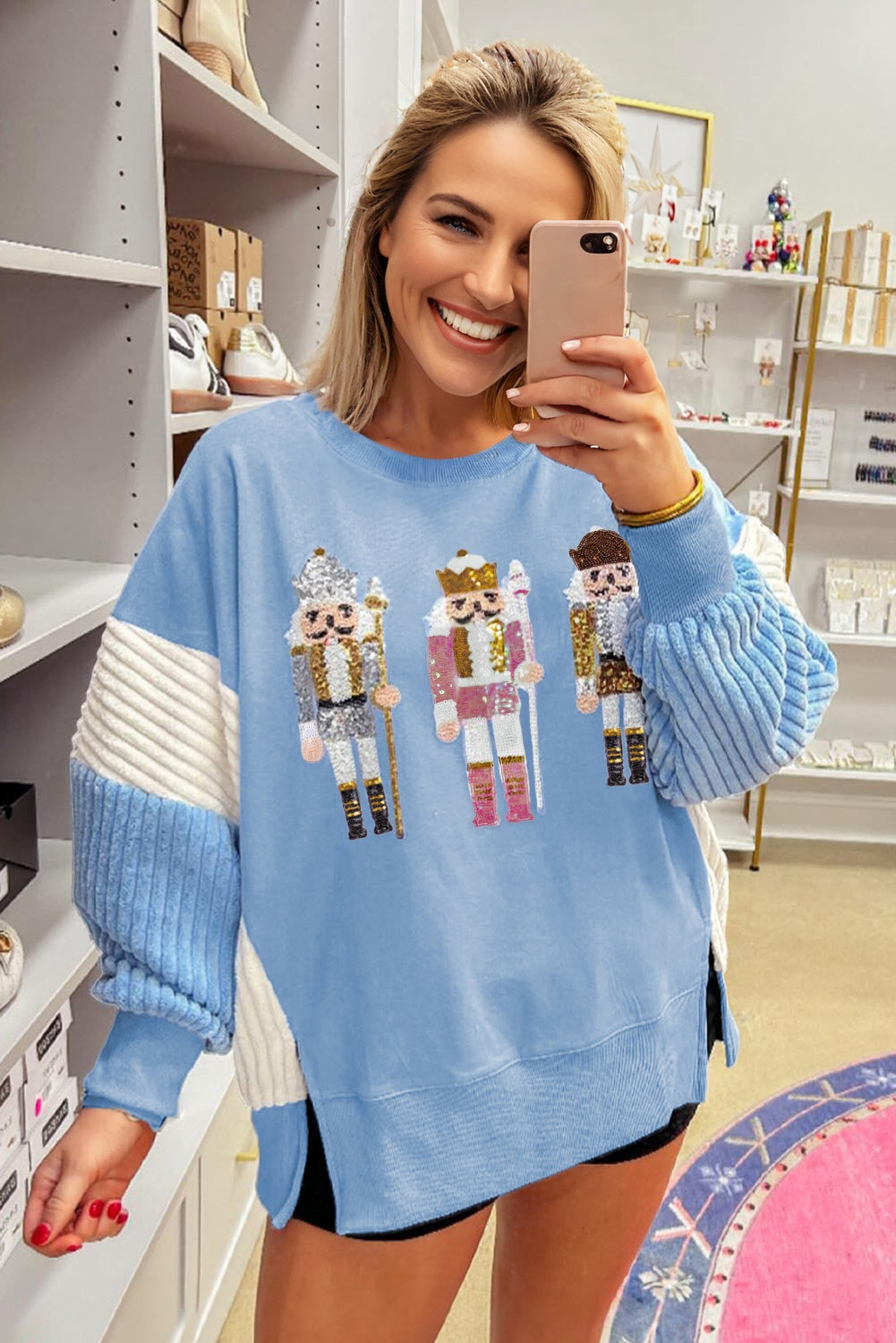 Sequin Nutcracker Textured Sleeve Patchwork Sweatshirt eAura