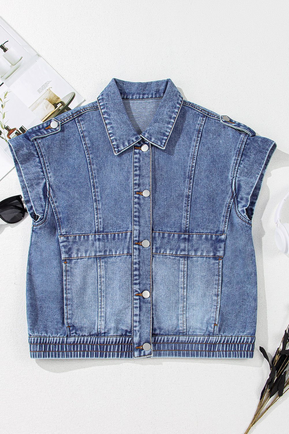 Ashleigh Blue Acid Wash Elastic Hem Button Up Denim Vest - Outerwear/Vests