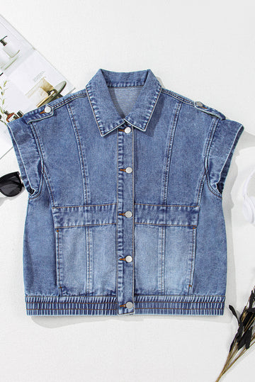 Ashleigh Blue Acid Wash Elastic Hem Button Up Denim Vest - Outerwear/Vests