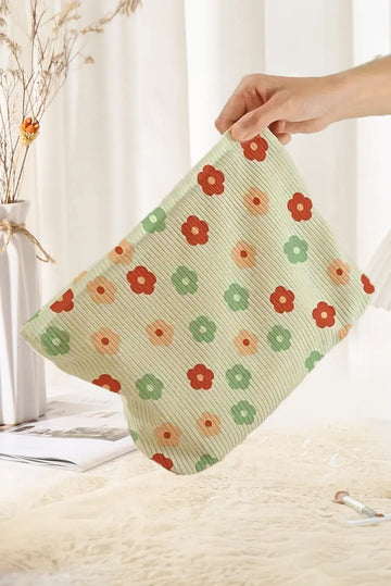 Clearly Aqua Flower Print Corduroy Zipper Makeup Storage Bag