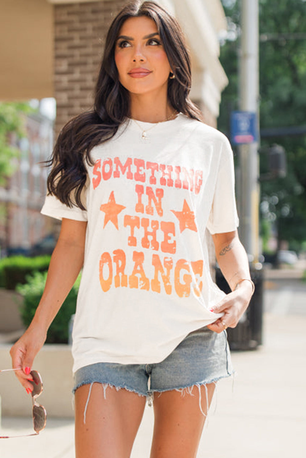 White SOMETHING IN THE ORANGE Graphic Crew Neck T Shirt eAura