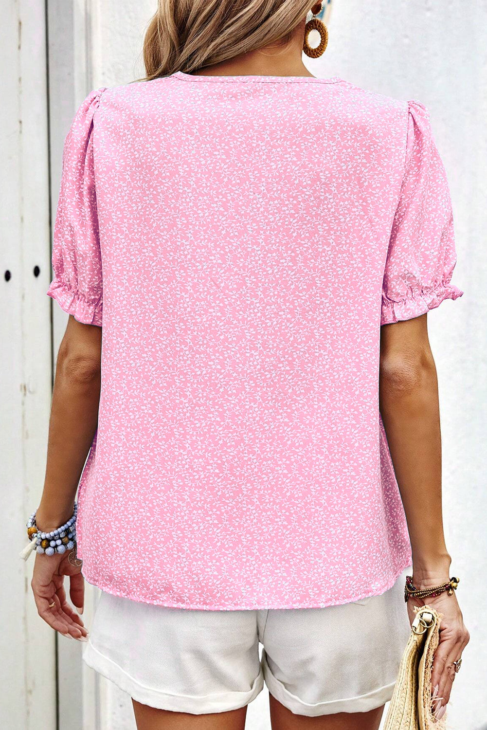 Pink Floral Embroidered Puff Sleeve Notched V-Neck Blouse eAura