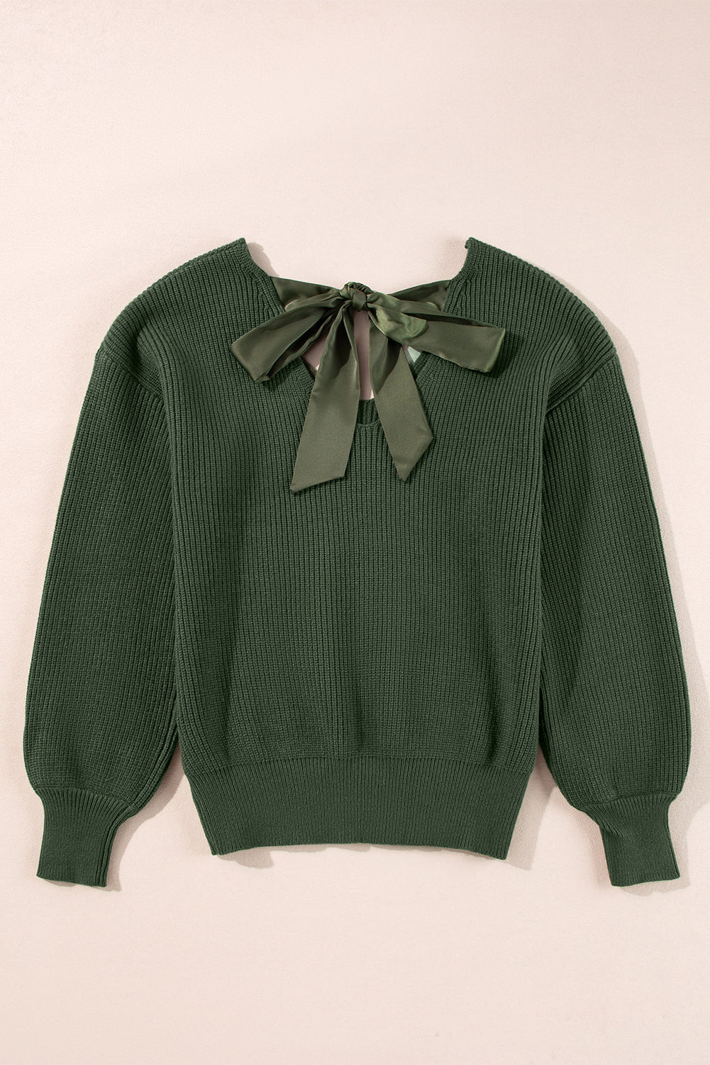 Jungle Green Lantern Sleeve V Neck Knot Back Sweater eAura