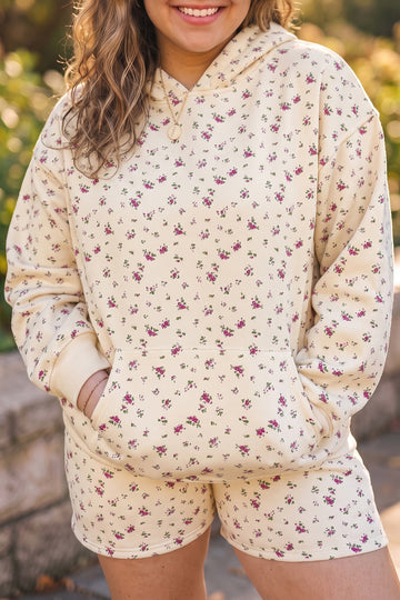 Floral Print Hooded Long Sleeve Plus Size Set – Beige