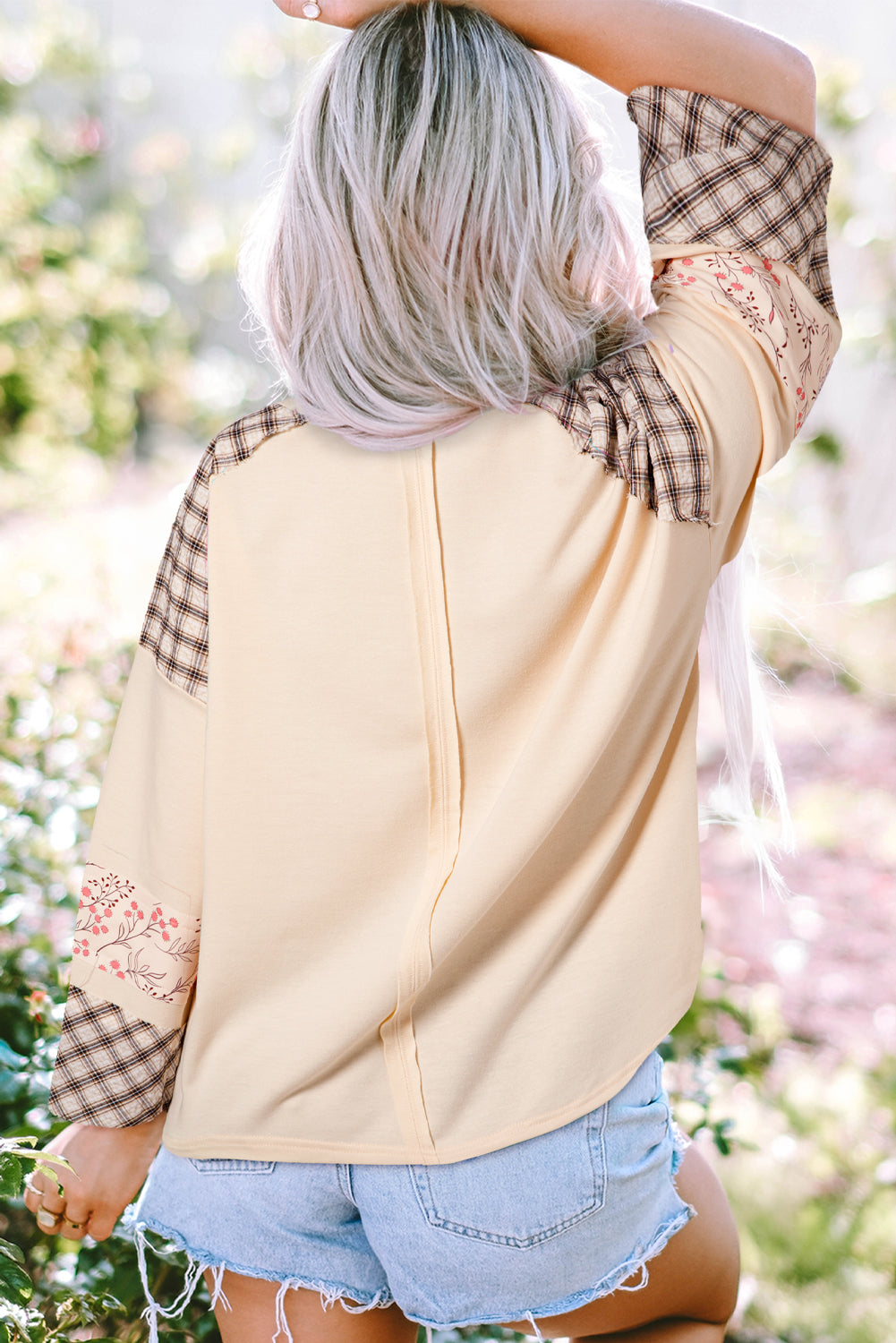 Clearly Aqua Plaid Floral Peace Heart Graphic Wide Long Sleeve Top Beagle Boutique Fashion Outlet