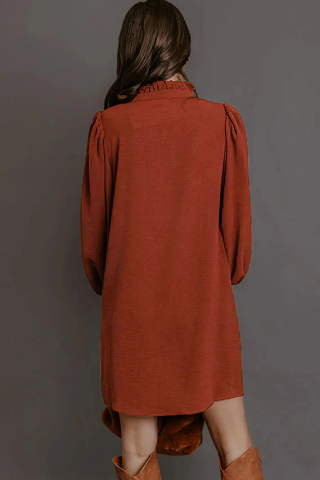 Coffee Solid Shift Long Sleeve Short Length One Piece Dress – Brown