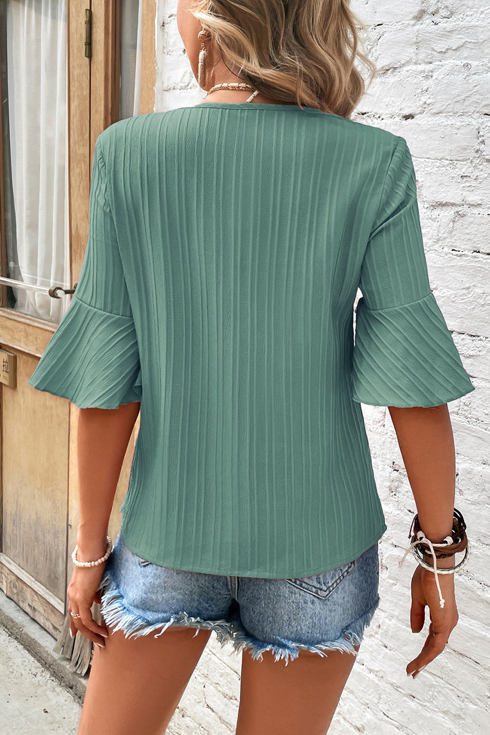 Grass Green Ruffled Half Sleeve V Neck Textured Top - eAura