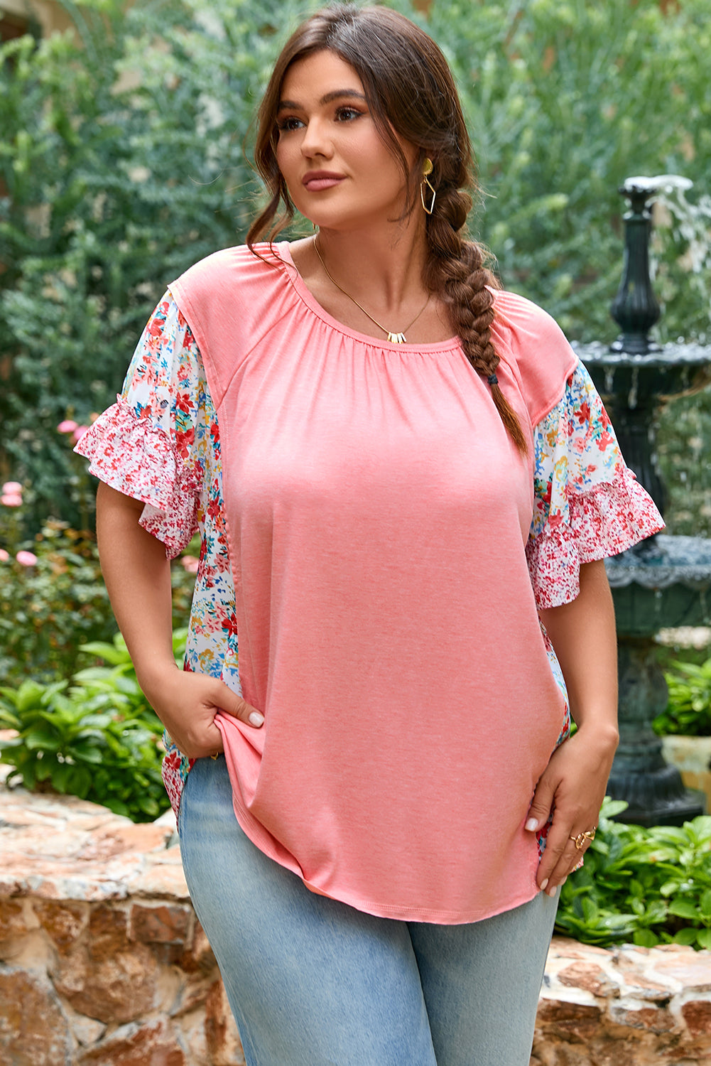 Pink Plus Size Floral Patchwork Ruffled Short Sleeve Blouse BB Fashion Outlet
