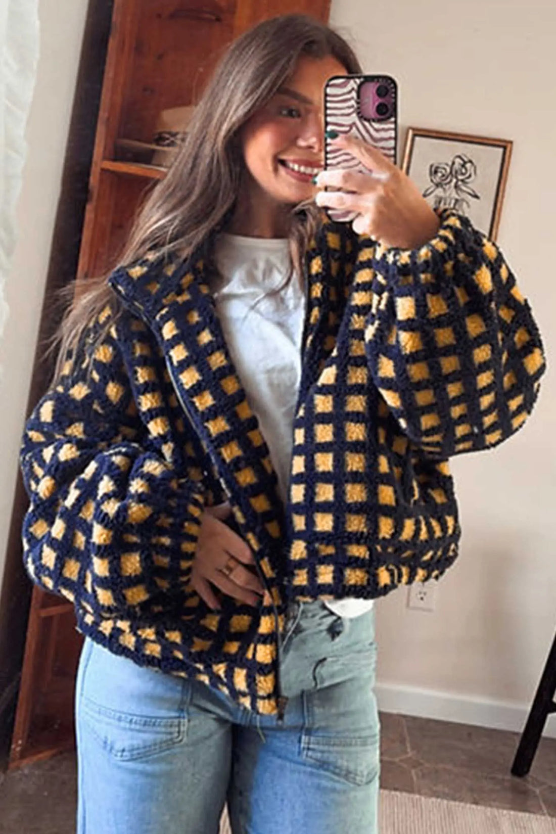 Blue plaid sherpa fleece zip-up jacket