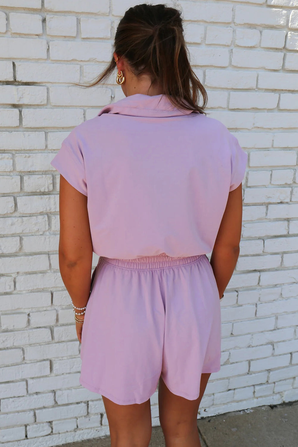 Orchid Bouquet Short Sleeve Zipper Collared Elastic High Waist Romper eAura