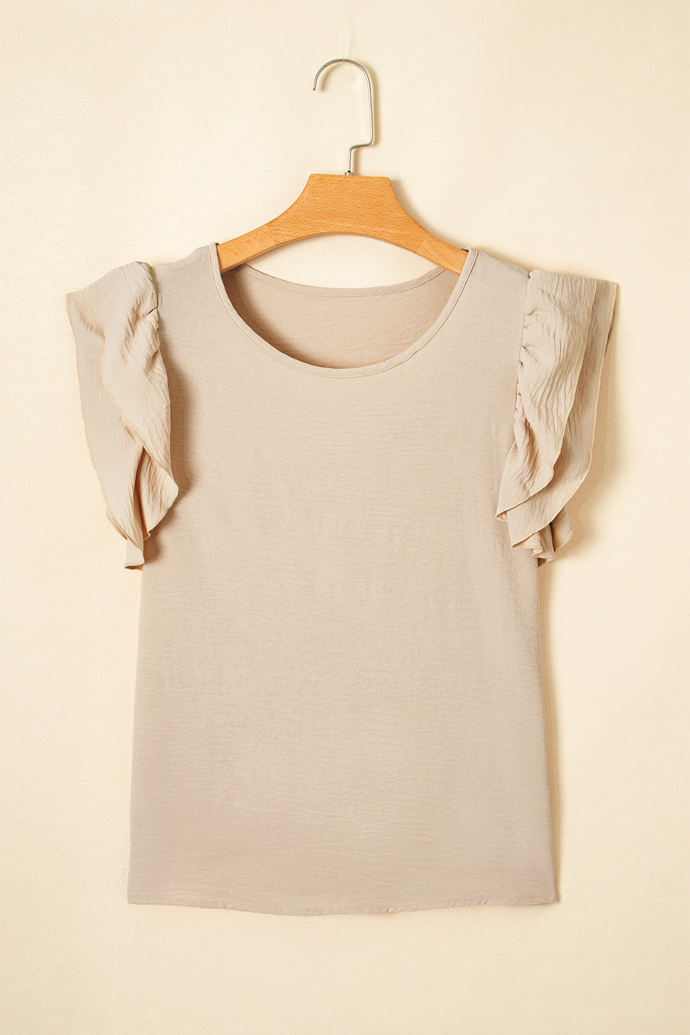 Beige Solid Colour Ruffled Short Sleeve Casual Blouse eAura
