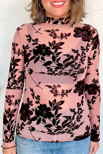 Gossamer Pink Retro Floral Print Mesh Long Sleeve Pullover Blouse – Light Pink