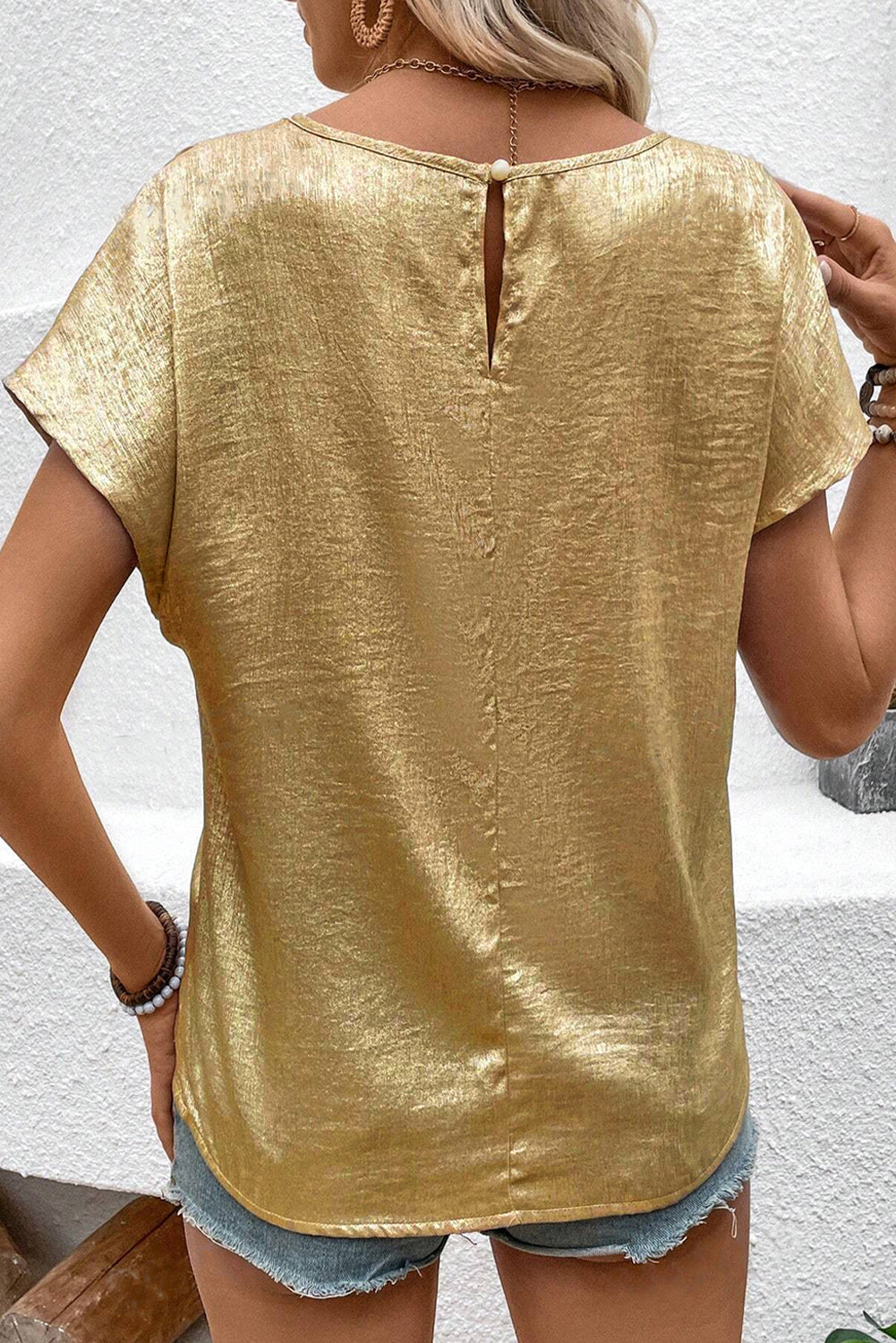 Gold Glossy Round Neck Pleated Detail Short Sleeve Blouse eAura