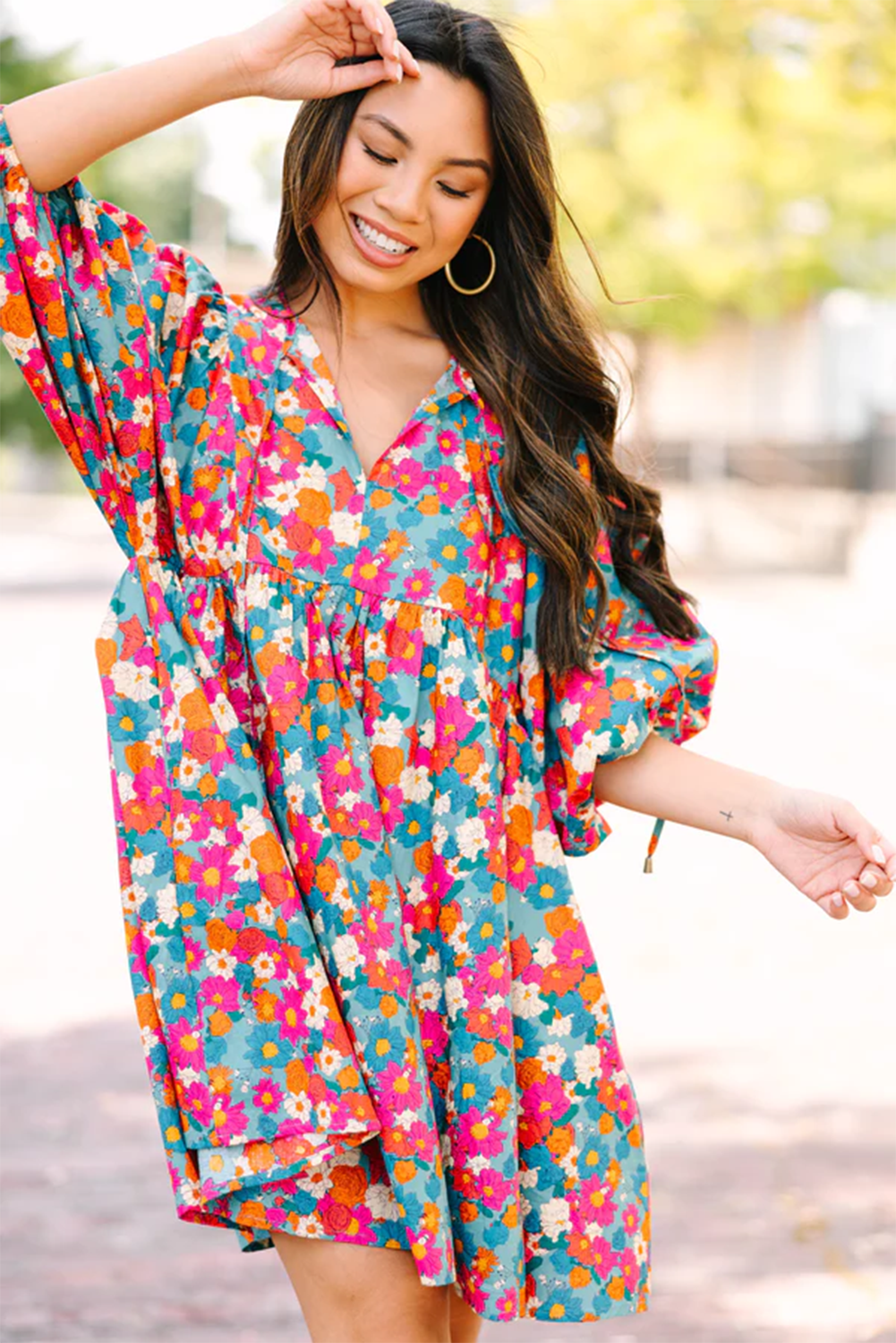 Sky Blue Floral Print Tie Split Neck Bubble Sleeve Babydoll Dress eAura