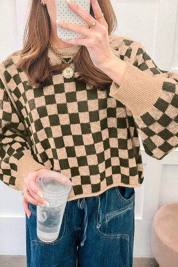 Drop Shoulder Plaid Knit Long Sleeve Sweater – Multicolour