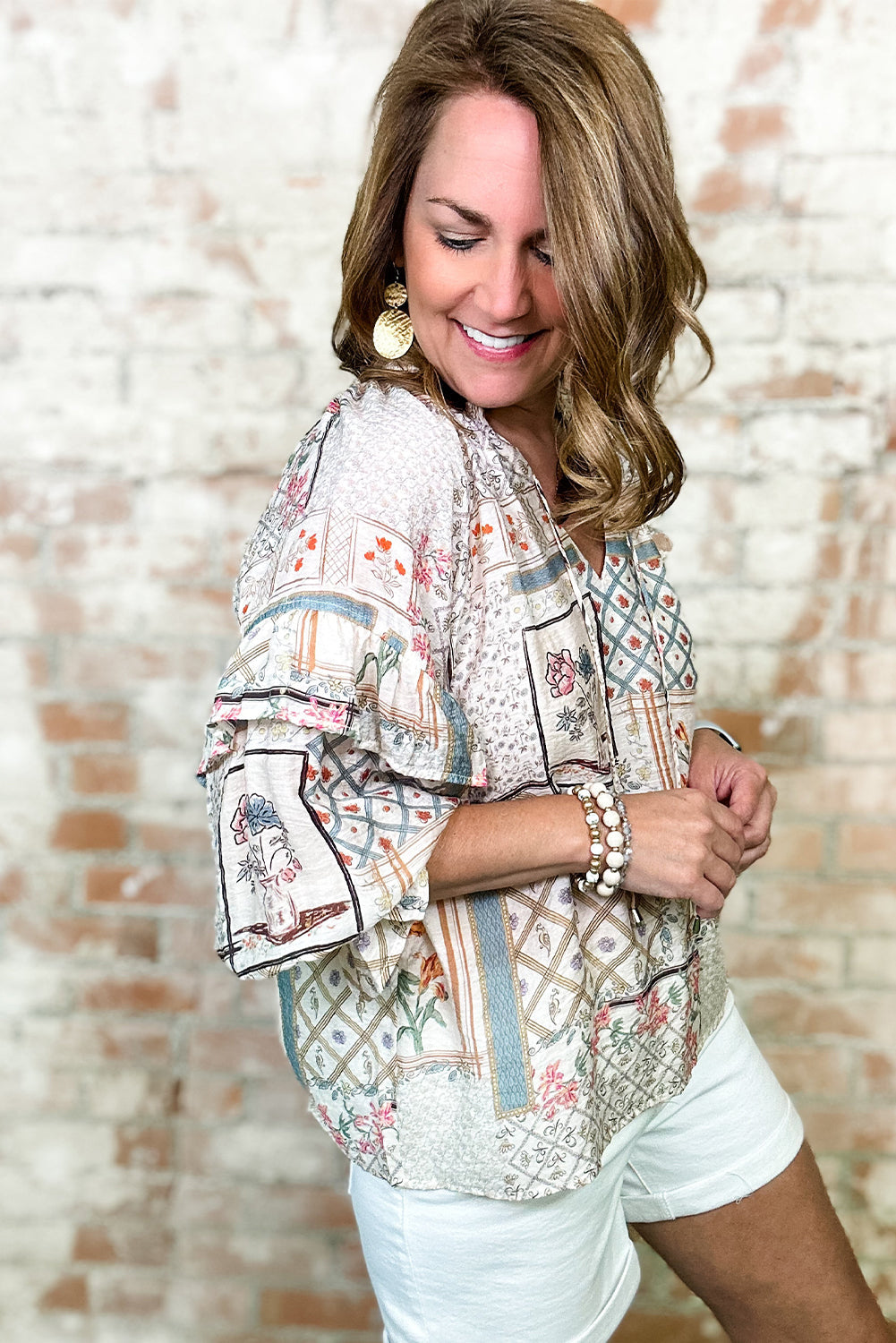 Multicolour Boho Floral Patched Ruffled Sleeve Tied Neck Blouse Beagle Boutique Fashion Outlet