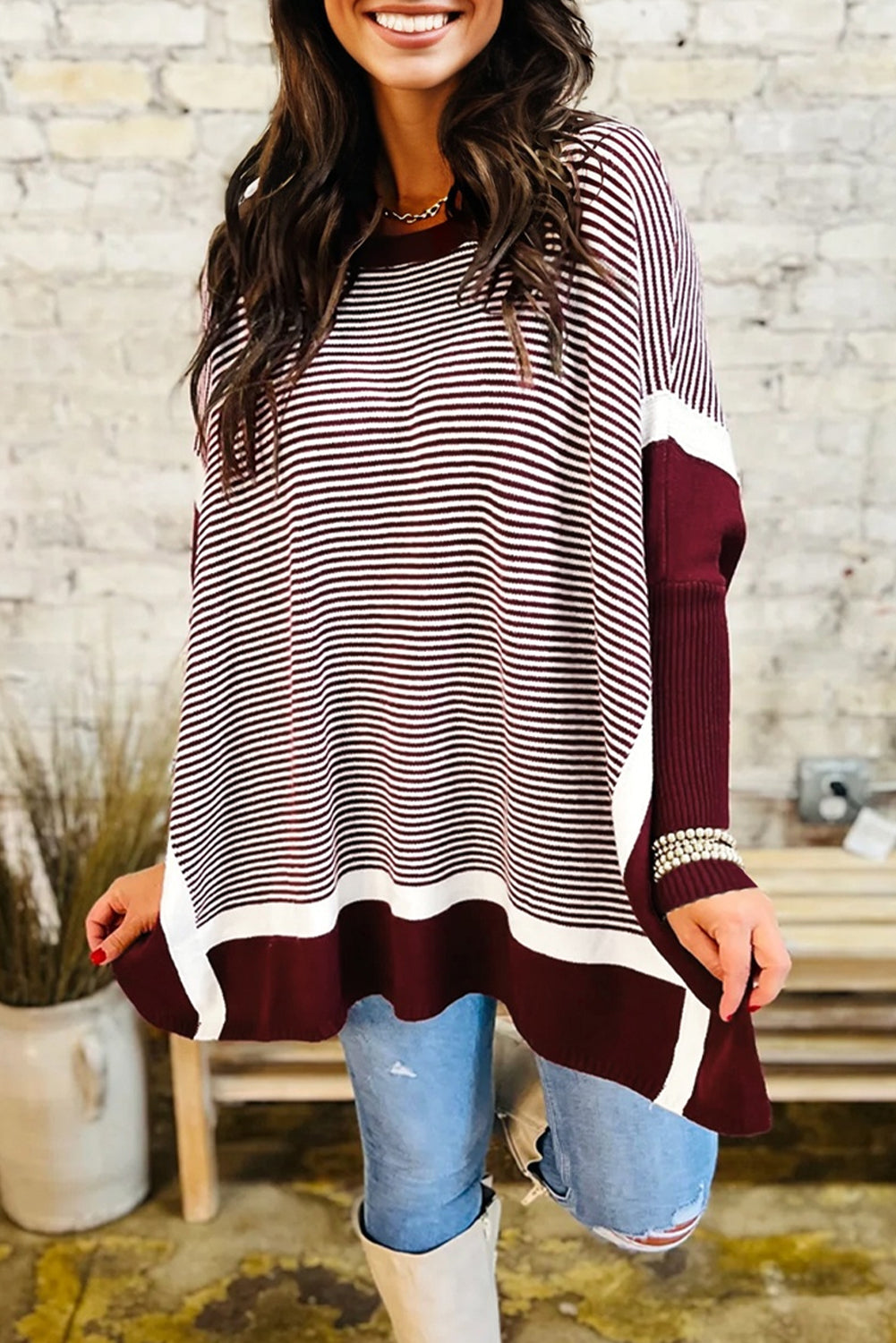 Striped Dolman Oversize Tunic Sweater - eAura