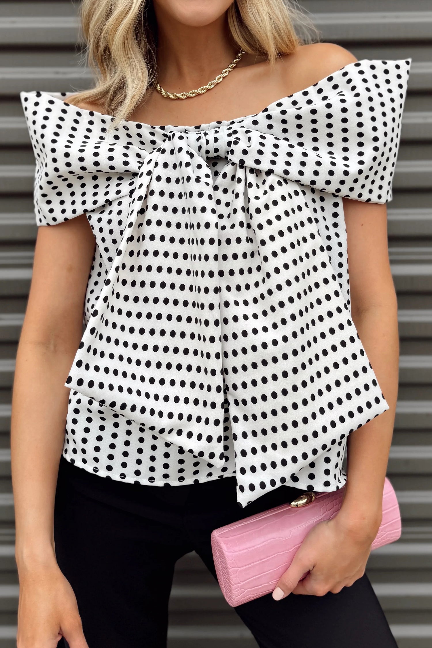 White Polka Dot Off Shoulder Bow Knot Blouse