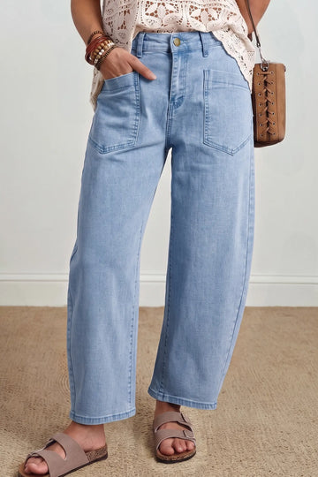Solid Colour Square Patch Pocket Ankle-length Barrel Jeans – Beau Blue
