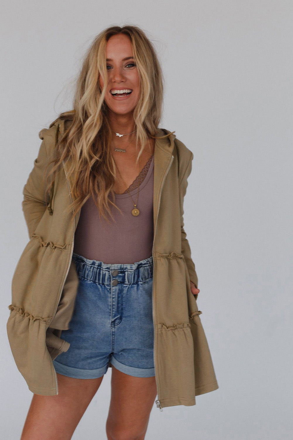 Khaki Tiered Ruffled Zip-Up Drawstring Hooded Jacket eAura