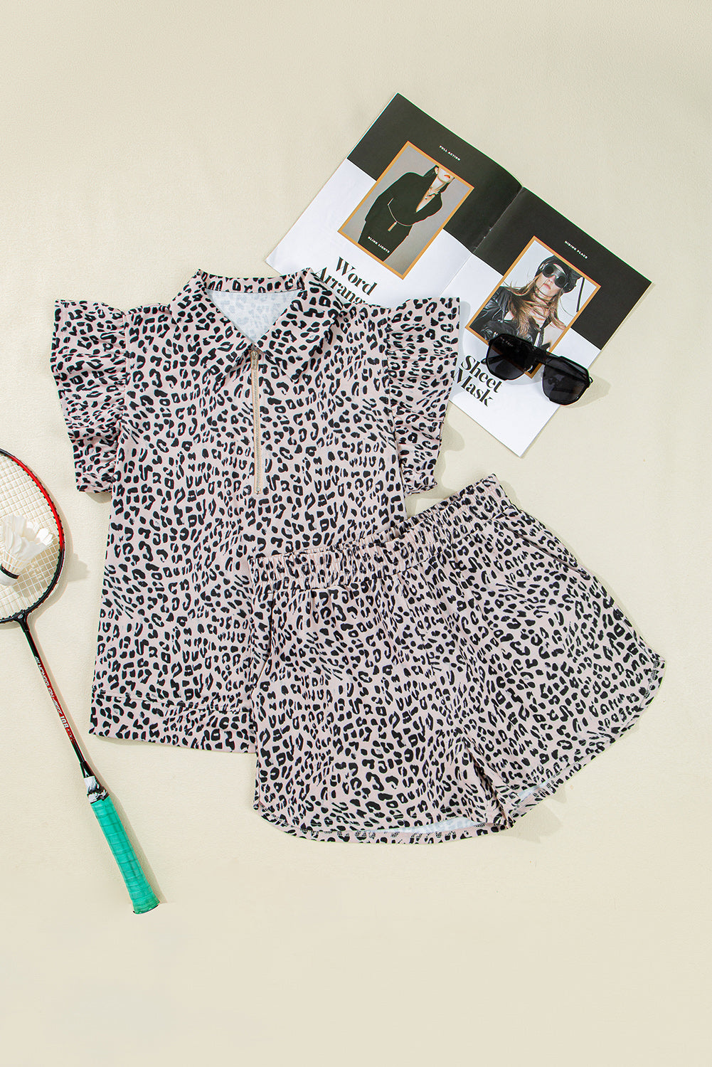 Brown Leopard Half Zipper Collared Ruffled Sleeve Top and Short Set eAura