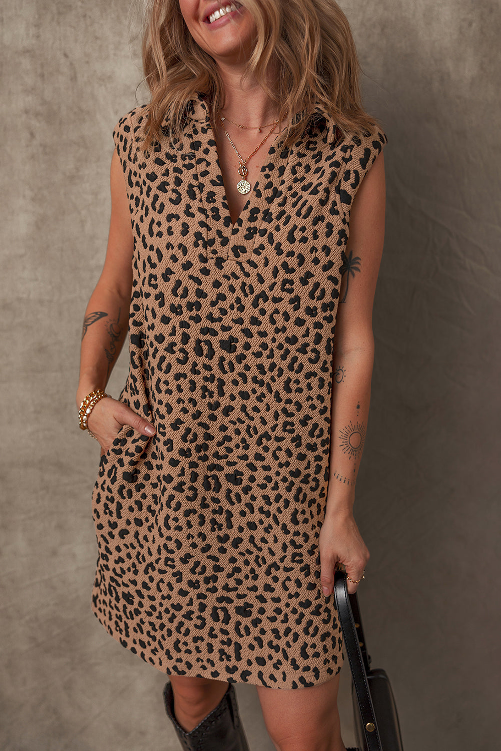 Khaki Leopard Print V Neck Sleeveless Collared Mini Dress eAura