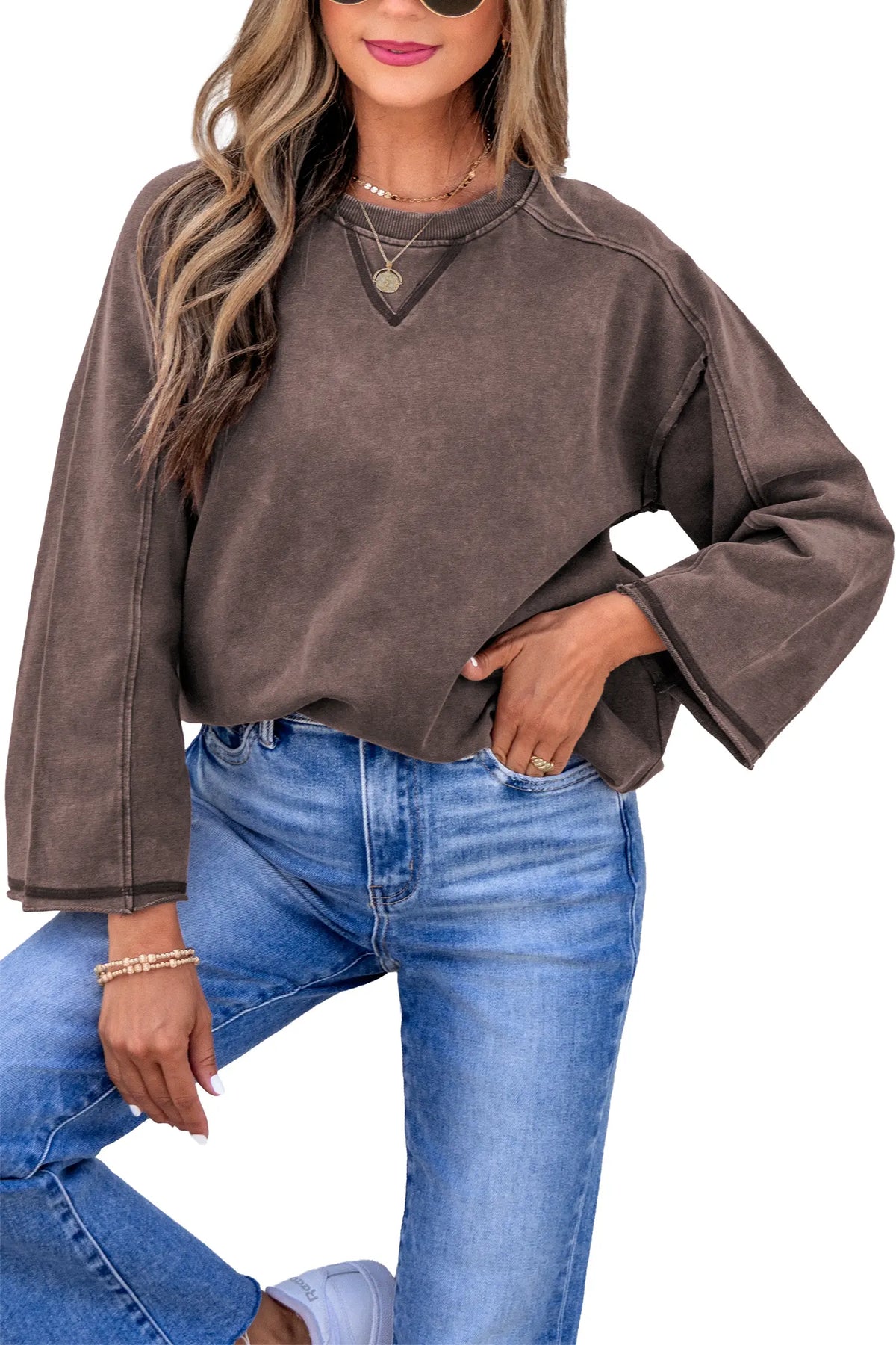 3/4 Sleeve Mineral Wash Loose Cotton Top – Dark Brown