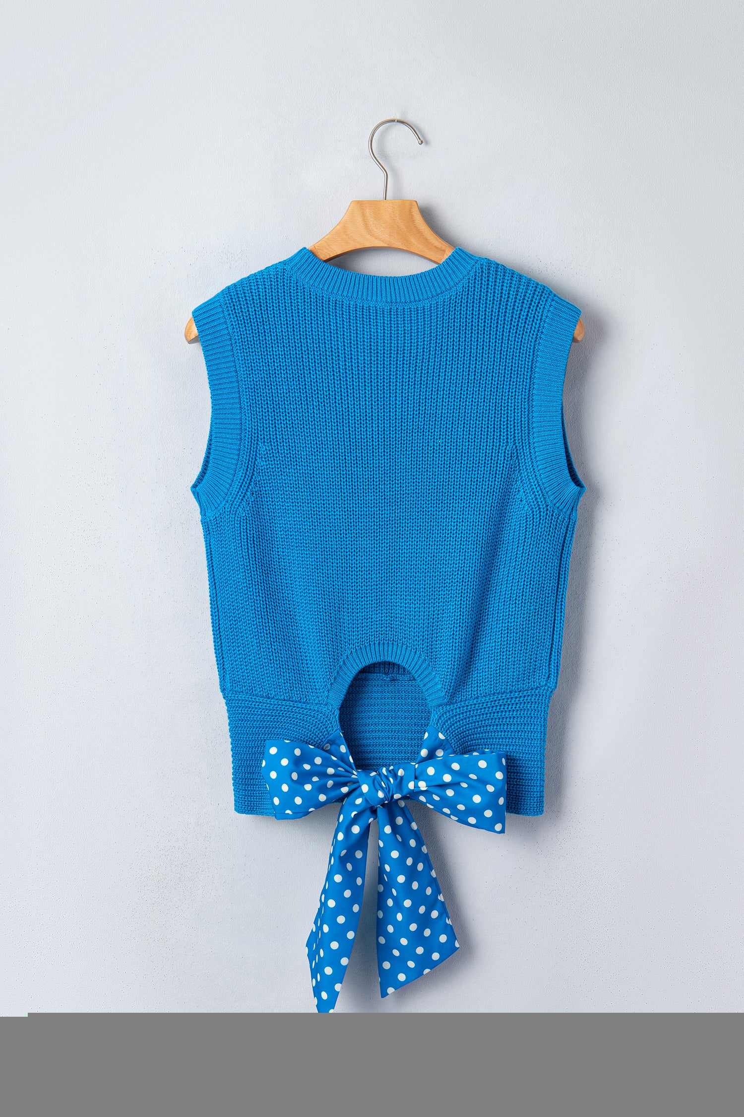 Myosotis Slim Knit Polka Dot Knot Back Cropped Sweater Tank – Blue