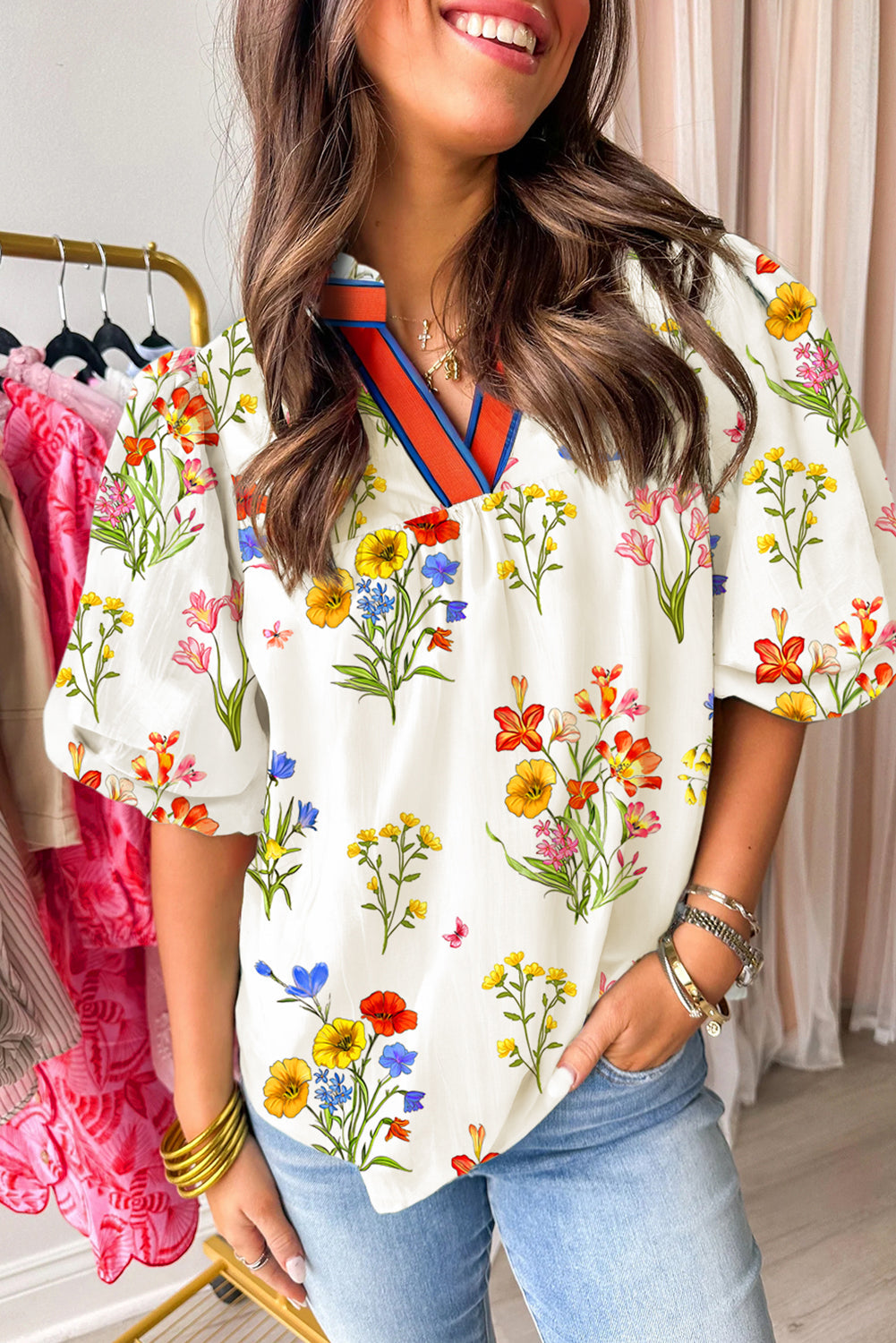 White Floral Short Puff Sleeve Contrast V Neck Print Blouse eAura