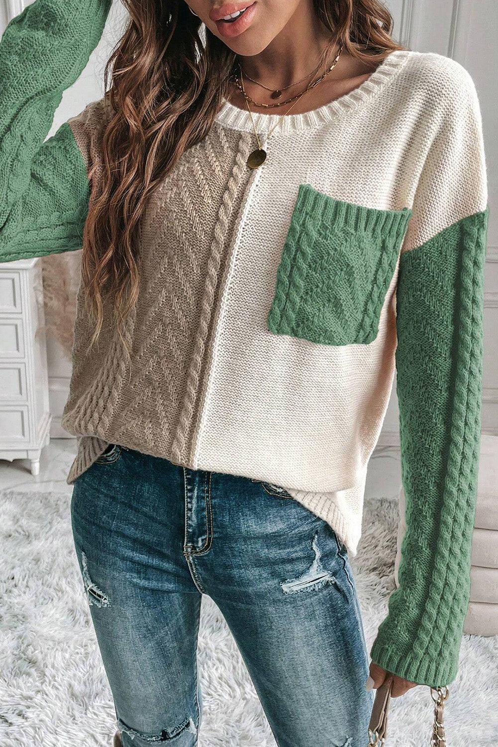 Rose Tan Colourblock Patched Pocket Drop Shoulder Sweater eAura