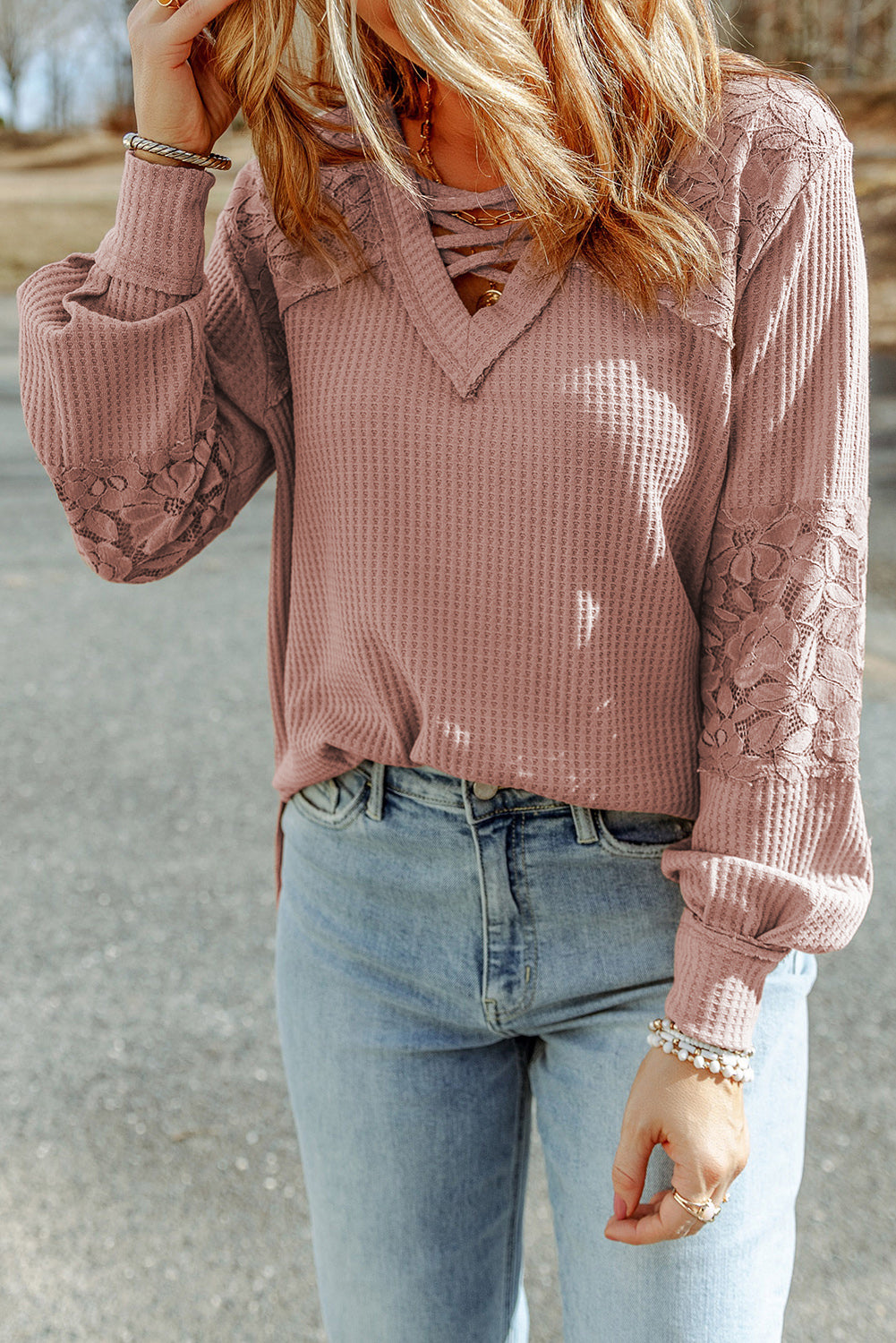 Apricot Lace Waffle Patchwork Strappy V Neck Long Sleeve Top eAura