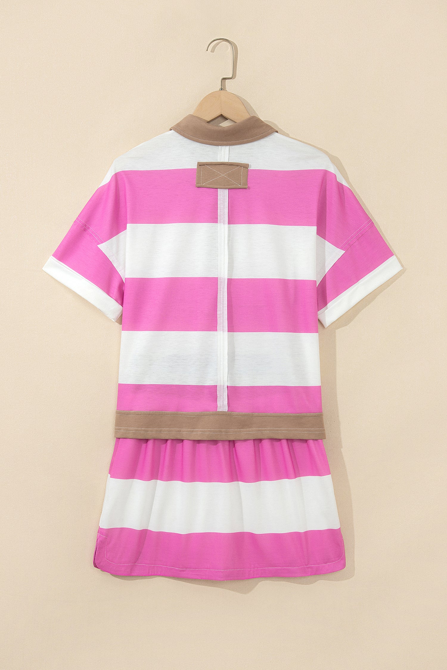 Colorblock Trim Polo Tee Drawstring Mini Skort 2pcs Set – Rose Stripe
